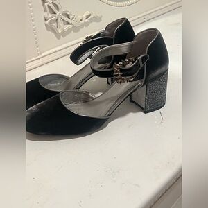 Rene Caovilla Black Velvet Heels with Silver Embellishments